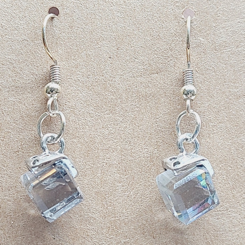 Silver Tone Clear Faceted Crystal Cube Dangle Drop Earrings Geometric Minimalist